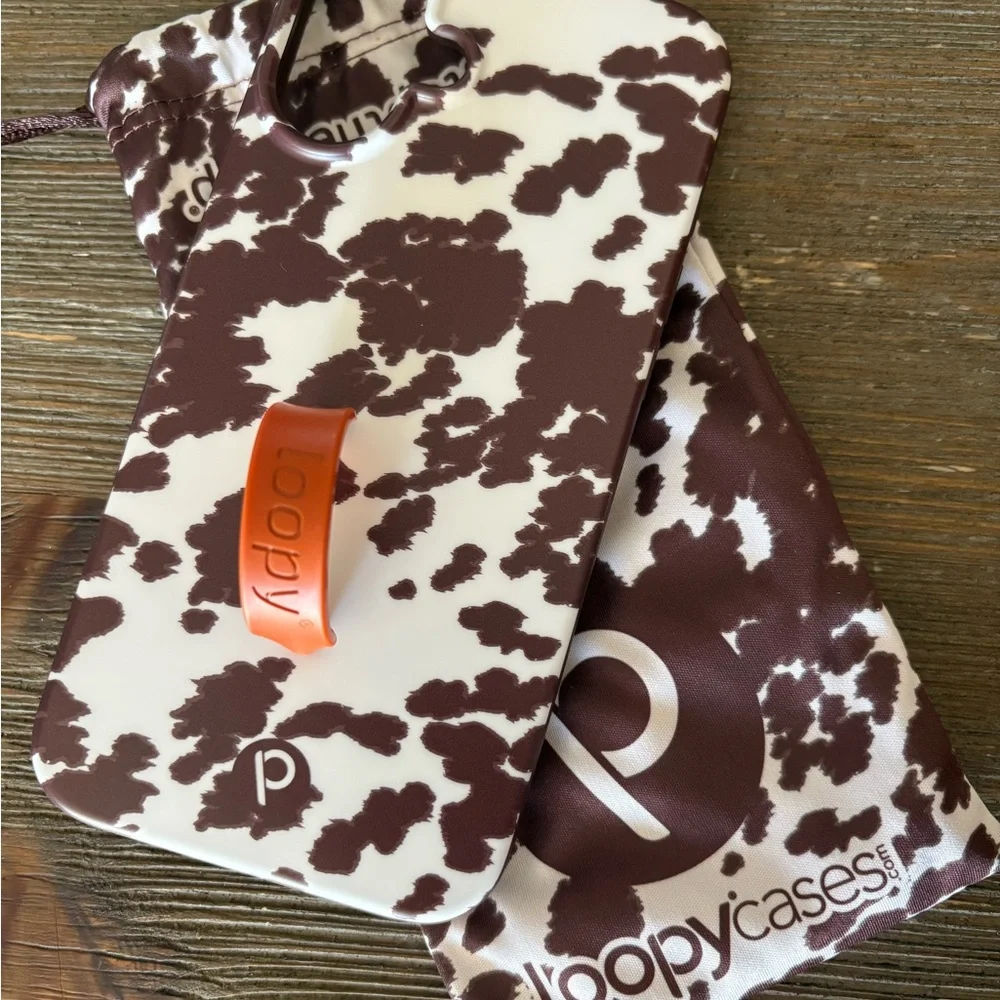 iPhone 16 plus!Loopy Case Brown and White Cow Print Phone Case with Orange Loopy